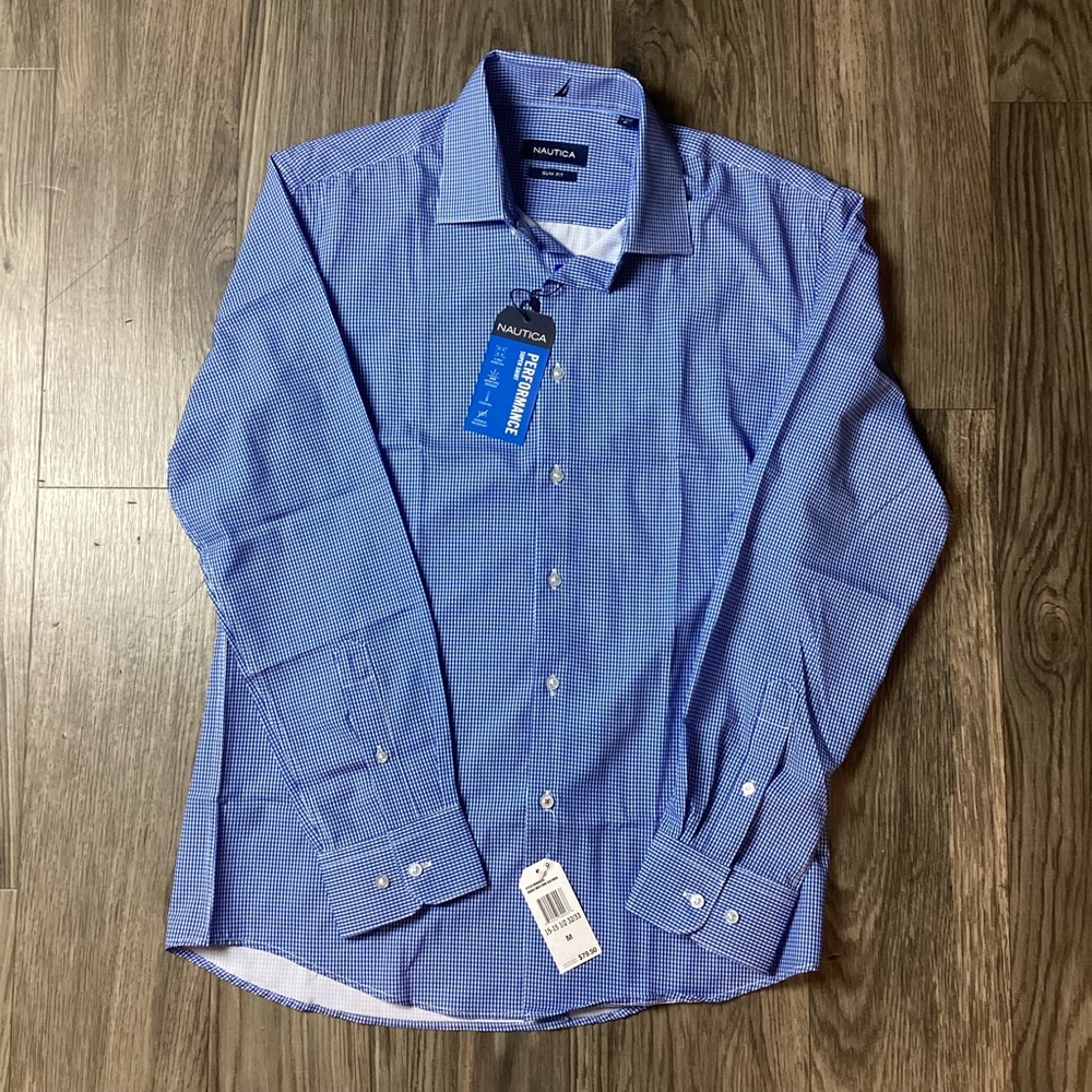 Nautica Mens M Performance Shirt Long Sleeve Button Front Slim Fit Blue Plaid